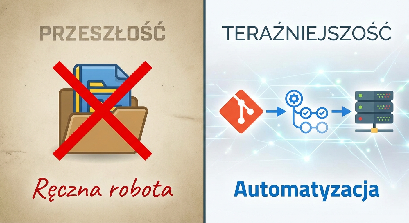 Grafika podzielona na dwie części, kontrastująca stare i nowe metody pracy. Lewa strona na beżowym tle, zatytułowana 'PRZESZŁOŚĆ', przedstawia ikonę folderu z plikami przekreśloną czerwonym znakiem X oraz odręczny napis 'Ręczna robota'. Prawa strona na nowoczesnym, niebieskim tle, zatytułowana 'TERAŹNIEJSZOŚĆ', ukazuje proces automatyzacji: logo Git, schemat procesu CI/CD (koła zębate i ścieżki) oraz ikonę serwera, połączone strzałkami, z podpisem 'Automatyzacja'.