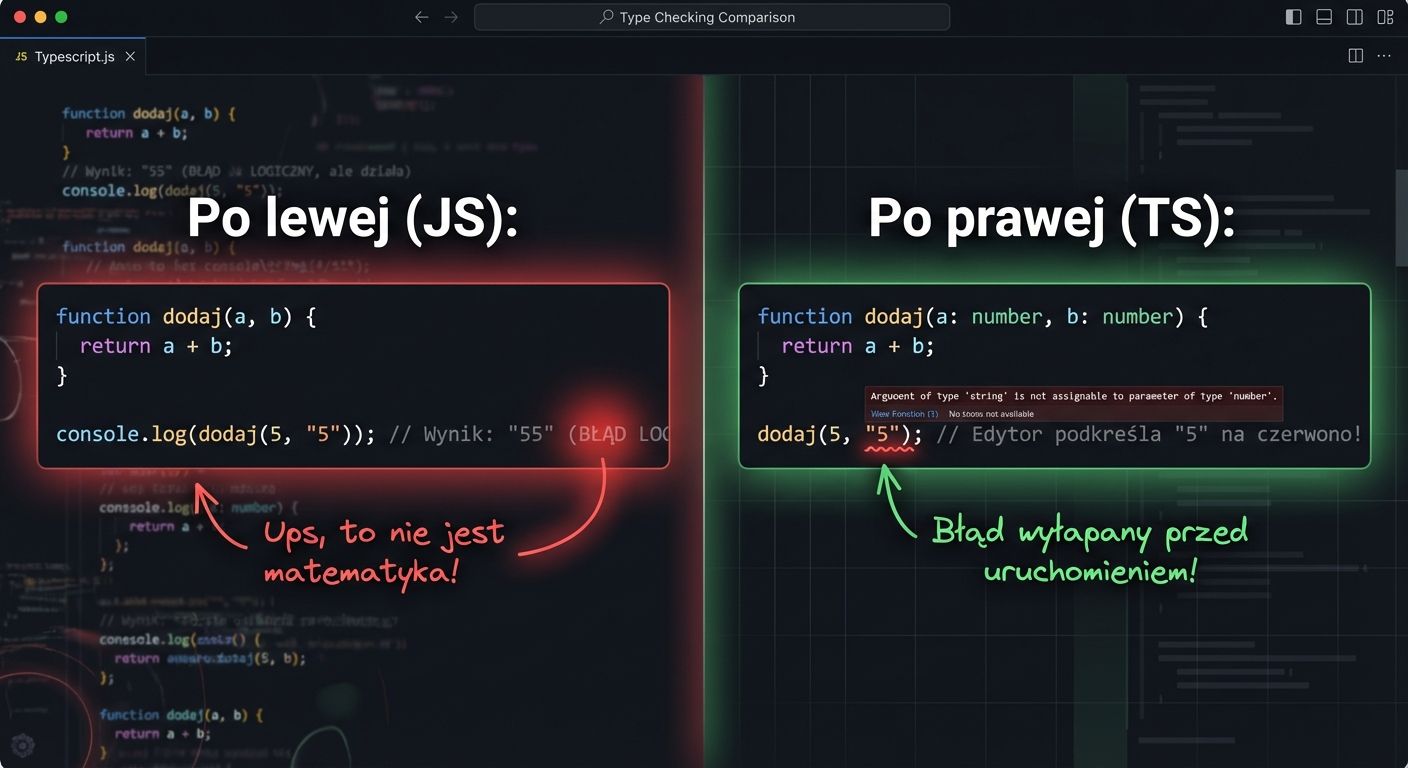 Grafika podzielona na pół, porównująca kod JavaScript i TypeScript. Po lewej stronie (czerwona ramka, JS) widoczna jest funkcja dodawania, która błędnie sumuje liczbę 5 i tekst '5', dając wynik tekstowy '55' zamiast 10. Opatrzono to komentarzem 'Ups, to nie jest matematyka!'. Po prawej stronie (zielona ramka, TS) ta sama funkcja ma określone typy danych (number). Edytor kodu podkreśla błąd już w trakcie pisania, informując, że nie można dodać tekstu do liczby, z komentarzem 'Błąd wyłapany przed uruchomieniem!'.