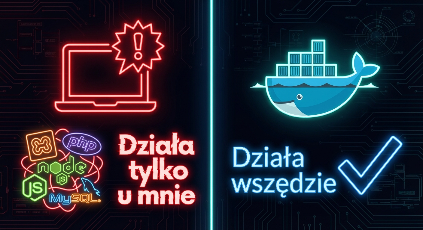 Grafika porównawcza na ciemnym tle, w stylu neonowym. Lewa strona, podświetlona na czerwono, symbolizuje problemy z lokalnym środowiskiem: ikona laptopa z wykrzyknikiem ostrzegawczym, chaotycznie ułożone logotypy (XAMPP, PHP, Node.js, MySQL) oraz napis 'Działa tylko u mnie'. Prawa strona, podświetlona na niebiesko, symbolizuje stabilność: logo wieloryba Docker z kontenerami, duży symbol potwierdzenia (fajka) oraz napis 'Działa wszędzie'.