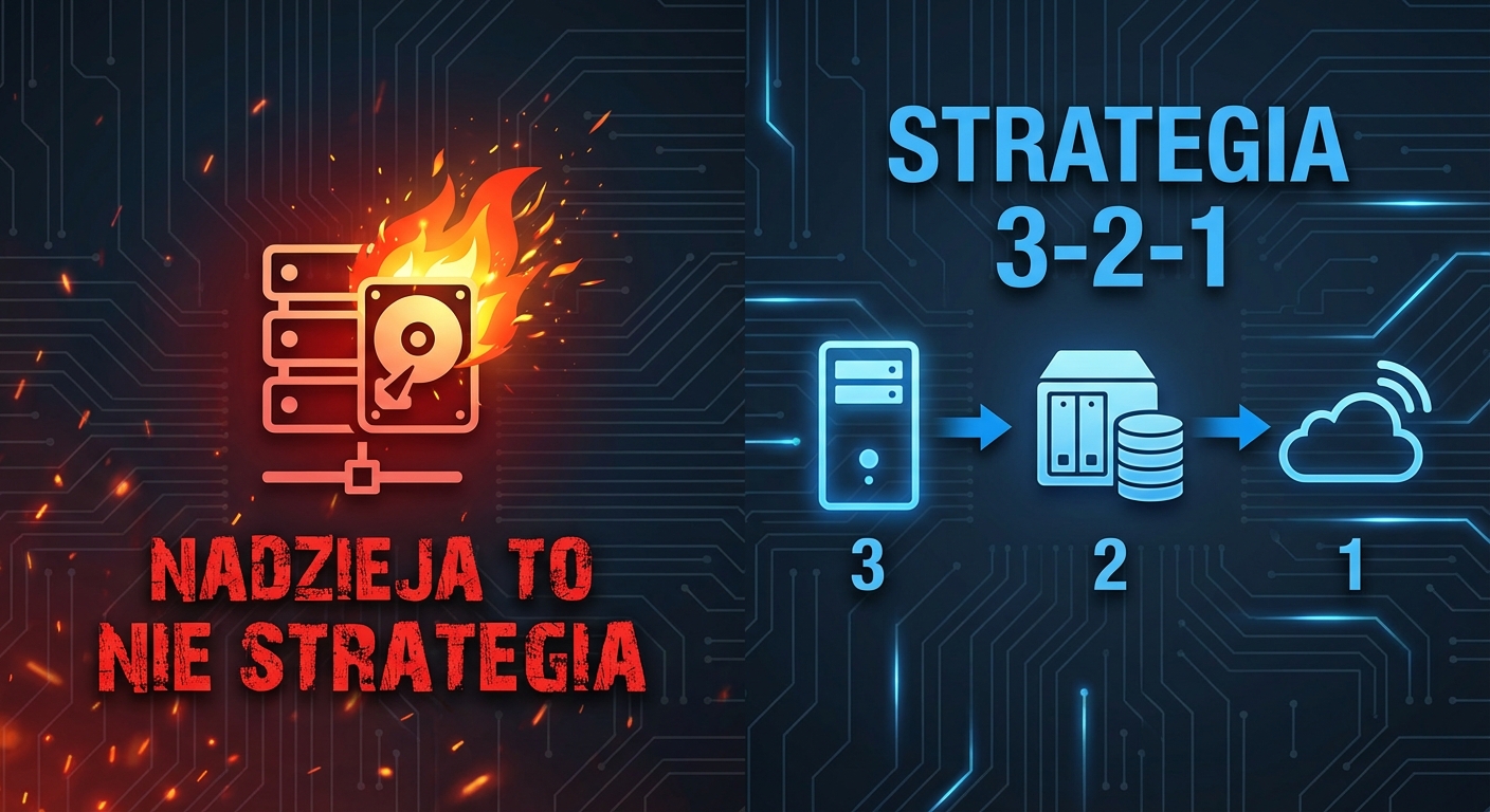 Grafika porównawcza na ciemnym, technologicznym tle. Lewa strona, w czerwonych barwach, przedstawia ikonę płonącego serwera z dyskiem twardym, symbolizującą katastrofę, oraz napis 'Nadzieja to nie strategia'. Prawa strona, w niebieskich, spokojnych barwach, ilustruje schemat strategii backupu 3-2-1: ikona serwera (3) prowadzi strzałką do ikony dysku sieciowego NAS (2), a ta do ikony chmury (1). Całość jest zatytułowana 'Strategia 3-2-1'.