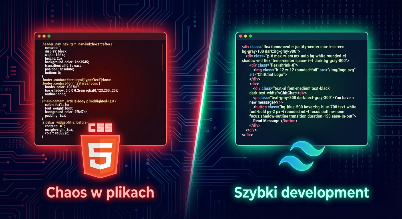 Grafika porównawcza na ciemnym, technologicznym tle. Lewa część, podświetlona na czerwono, przedstawia edytor kodu z długimi, skomplikowanymi regułami CSS, logo CSS3 oraz podpis 'Chaos w plikach'. Prawa część, podświetlona na turkusowo, ukazuje edytor z kodem HTML wykorzystującym klasy utility, logo Tailwind CSS oraz podpis 'Szybki development'. 