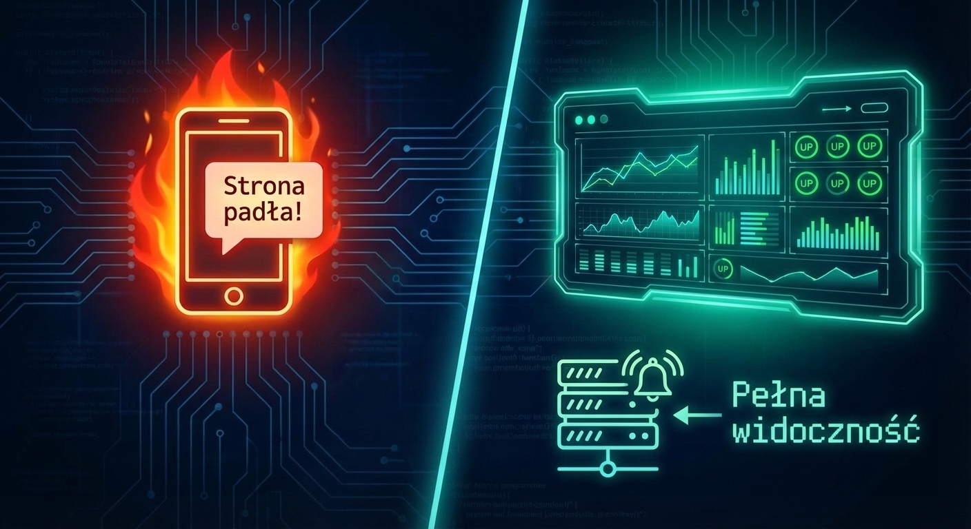 Grafika porównawcza na ciemnym, technologicznym tle, w stylu neonowym. Lewa strona, w czerwonej poświacie, zatytułowana 'Gaszenie pożarów', przedstawia ikonę telefonu z powiadomieniem od klienta o awarii strony. Prawa strona, w zielonej poświacie, zatytułowana 'Pełna widoczność', ukazuje czytelny dashboard z wykresami i zielonymi statusami oraz ikonę alertu.