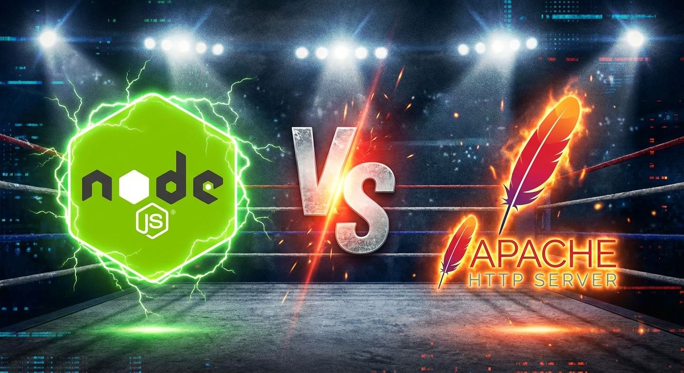 Grafika stylizowana na plakat walki bokserskiej w ciemnej arenie z reflektorami. Po lewej stronie znajduje się neonowe, zielone logo Node.js otoczone błyskawicami. Po prawej stronie widać płonące logo Apache HTTP Server z charakterystycznym piórem. W centrum grafiki umieszczony jest duży, metaliczny napis VS, symbolizujący rywalizację technologii.