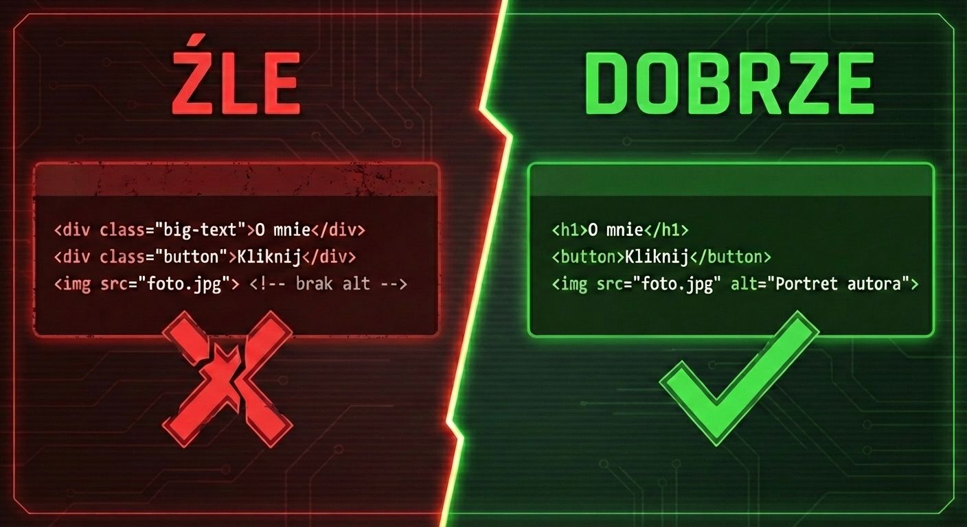 Grafika podzielona na dwie części porównująca zły i dobry kod HTML pod kątem SEO. Po lewej stronie (czerwonej, oznaczonej jako ŹLE) widoczny jest kod niesemantyczny, używający wszędzie znaczników 'div' oraz obrazka bez opisu alternatywnego. Po prawej stronie (zielonej, oznaczonej jako DOBRZE) widoczny jest ten sam kod w wersji semantycznej: użyto znacznika 'h1' dla nagłówka, 'button' dla przycisku oraz dodano atrybut 'alt' do znacznika obrazka. Całość podsumowują ikony: czerwony krzyżyk po lewej i zielony "ptaszek" po prawej.