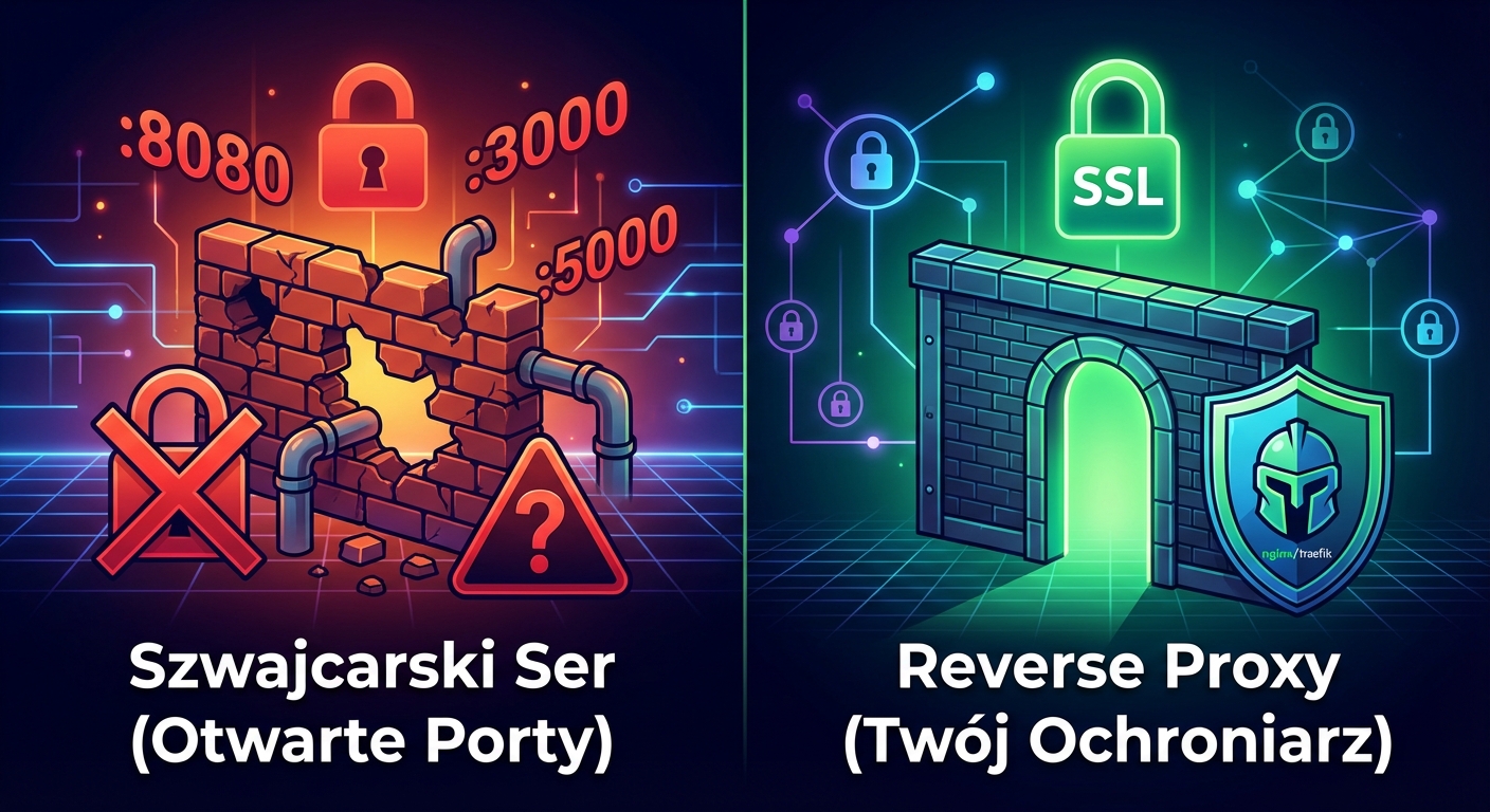 Grafika porównawcza na ciemnym, technologicznym tle, w stylu neonowym. Lewa strona, w czerwonej poświacie, zatytułowana 'Gaszenie pożarów', przedstawia ikonę telefonu z powiadomieniem od klienta o awarii strony. Prawa strona, w zielonej poświacie, zatytułowana 'Pełna widoczność', ukazuje czytelny dashboard z wykresami i zielonymi statusami oraz ikonę alertu.