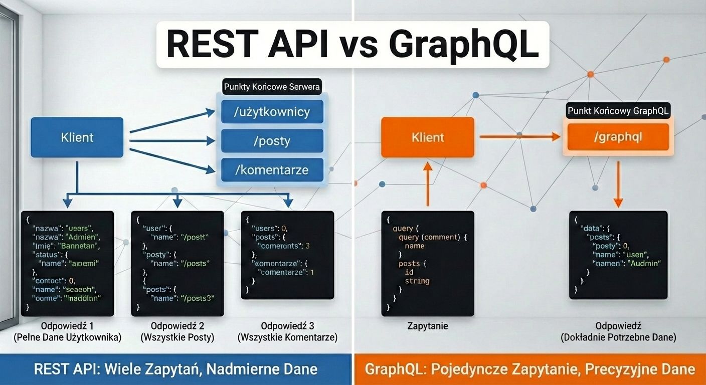 Infografika porównująca bazy danych SQL i NoSQL. Tytuł główny brzmi: "SQL vs. NoSQL – Gdzie trzymać dane, żeby nie zwariować? #2". Lewa, niebieska strona poświęcona jest SQL (MySQL, PostgreSQL), opisanemu jako "stary, dobry porządek" z danymi w tabelach. Przedstawiono analogię do uporządkowanej apteki z farmaceutą. Główne zalety to relacje i spójność (ACID), z zastosowaniem w sklepach i finansach. Prawa, zielona strona poświęcona jest NoSQL (MongoDB, Firebase), opisanemu jako "elastyczność i szybkość" z danymi w dokumentach. Przedstawiono analogię do pudełka przeprowadzkowego z różnymi przedmiotami. Główne zalety to skalowalność i łatwość zmian, z zastosowaniem w social media i Big Data. Na dole znajdują się loga MySQL, PostgreSQL i MongoDB.