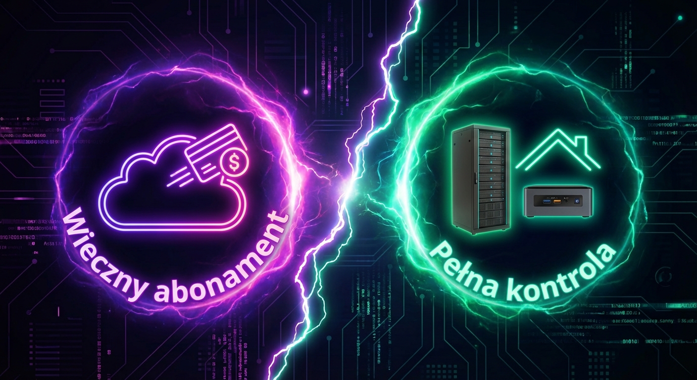 Grafika porównawcza na ciemnym, technologicznym tle, podzielona energetyczną błyskawicą. Lewa strona, w fioletowej, neonowej poświacie, przedstawia ikonę chmury, do której wlatuje karta kredytowa, oraz napis 'Wieczny abonament'. Prawa strona, w zielonej poświacie, ukazuje fizyczny sprzęt serwerowy (serwer rack i mini PC NUC) pod ikoną dachu domu, z napisem 'Pełna kontrola'.
